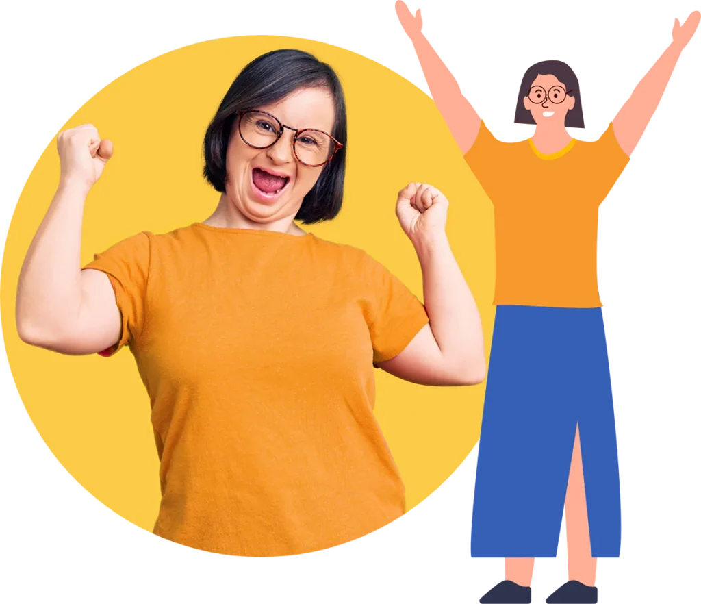 Happy disabled girl with down syndrome smiling at camera