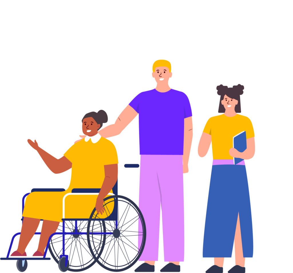 Illustration of disabled person in wheelchair with two support workers