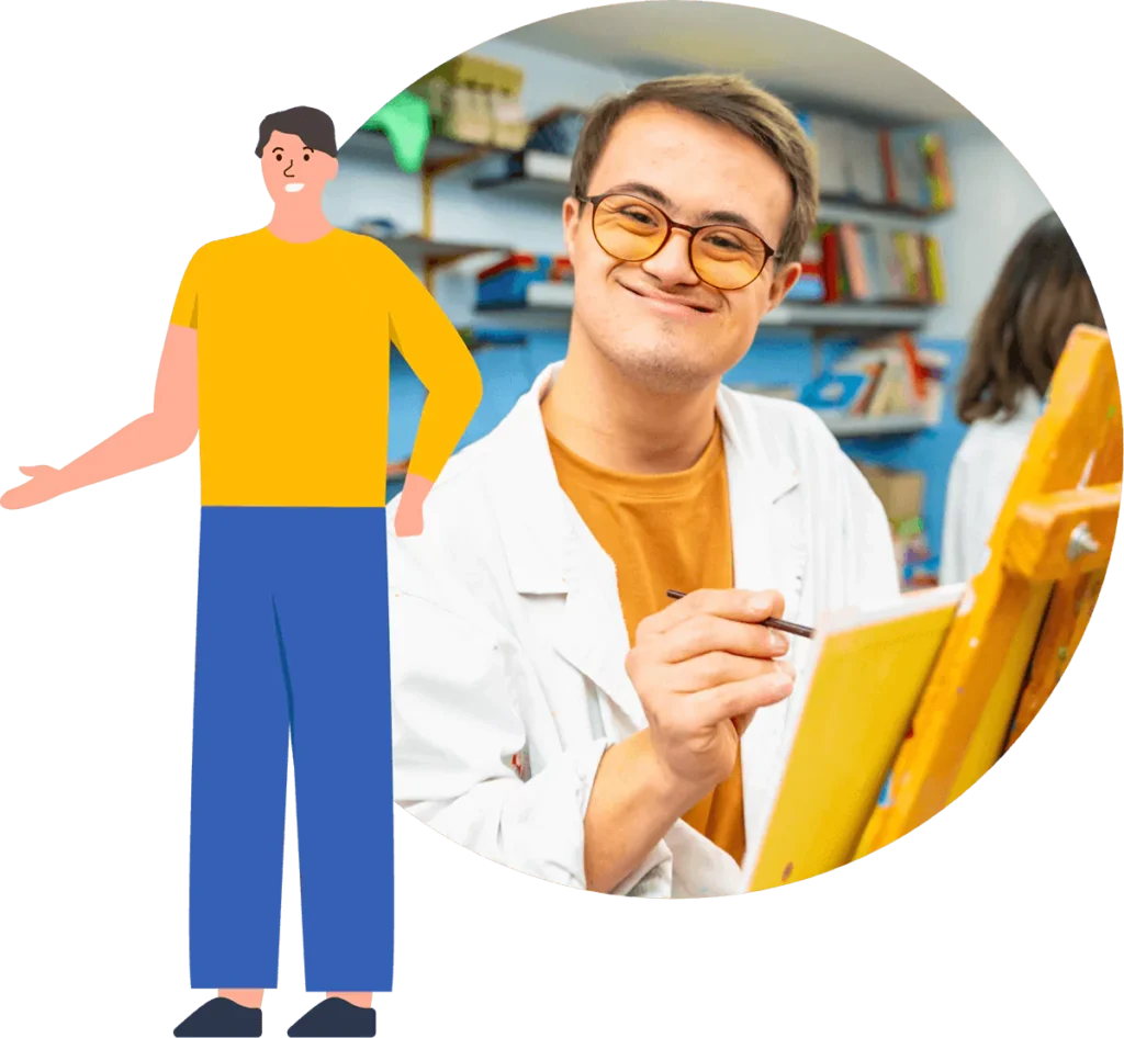 Happy disabled man with down syndrome in art class smiling at camera