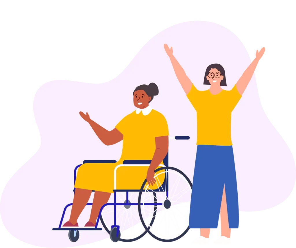 Illustration of woman in wheelchair next to support worker